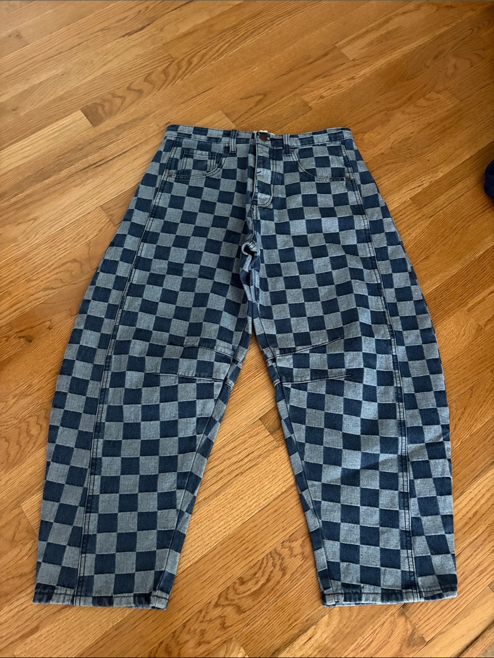 Checkerboard Wide Leg Pants in Navy/Light Blue